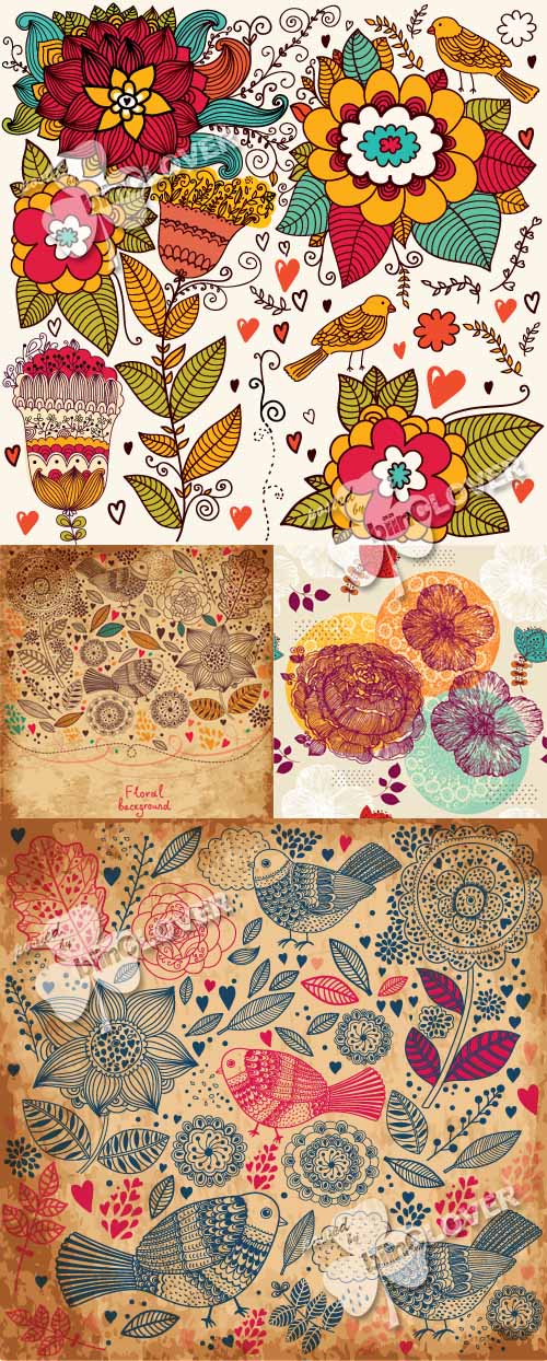 Vintage background with birds and flowers 0277