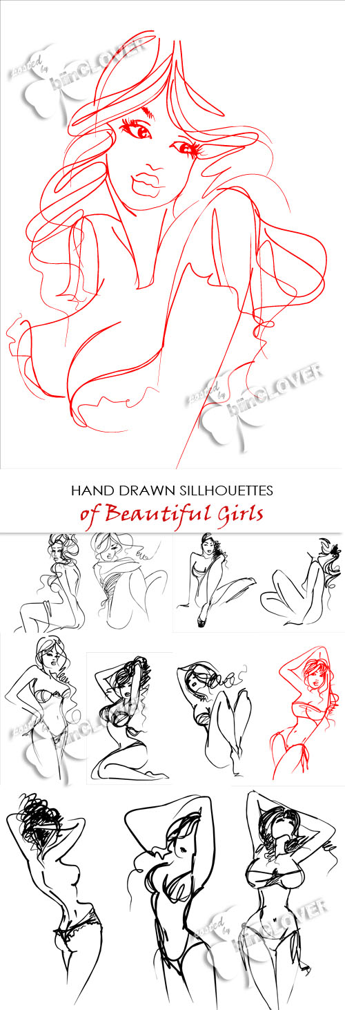 Hand drawn silhouettes of beautiful girls 0281
